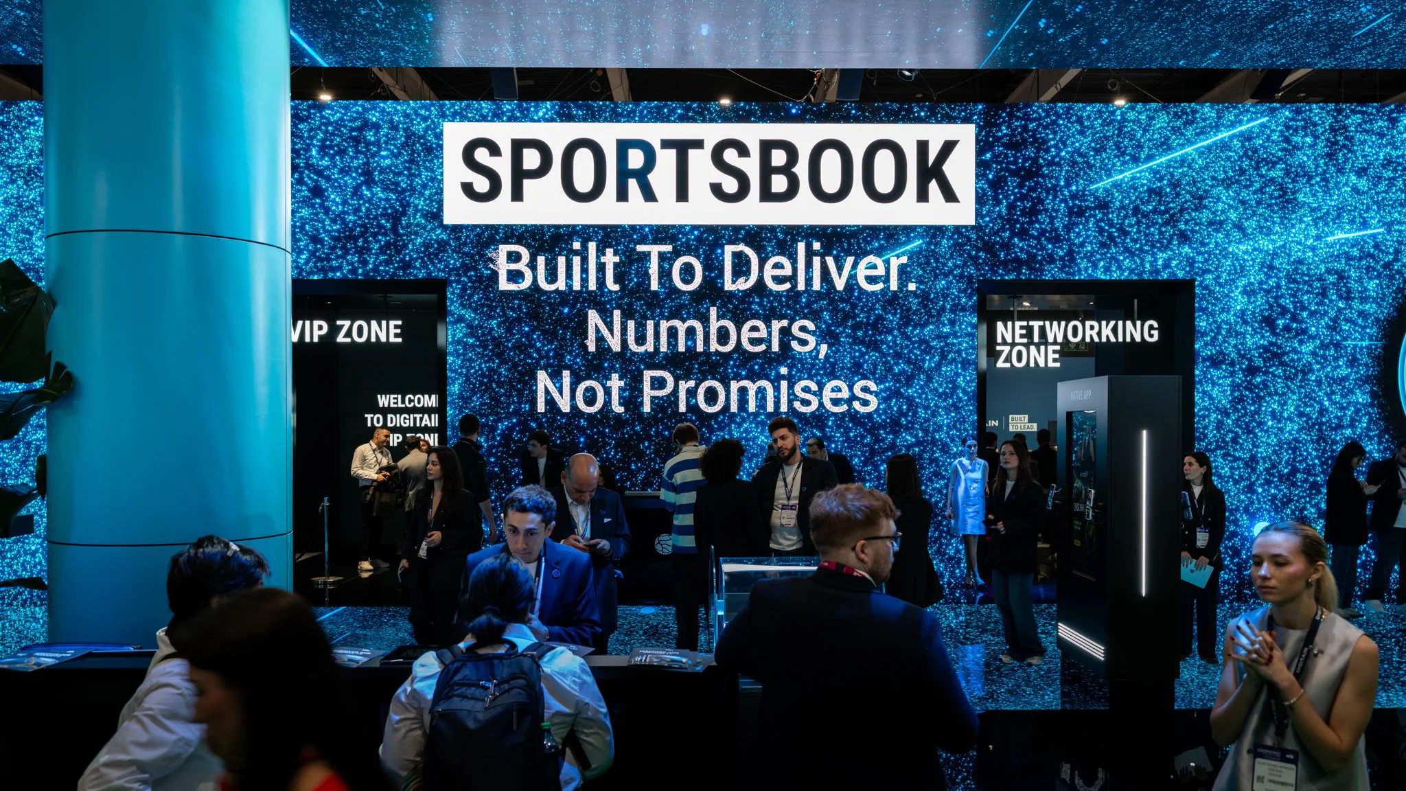 Crowd in front of the Digitain LED wall reading “Sportsbook Built To Deliver, Numbers, Not Promises,” with VIP and Networking Zone entrances.