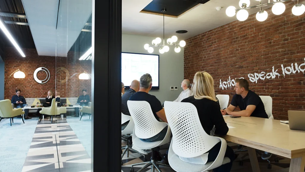 Equinox Group team meeting in the boardroom at Leeds HQ